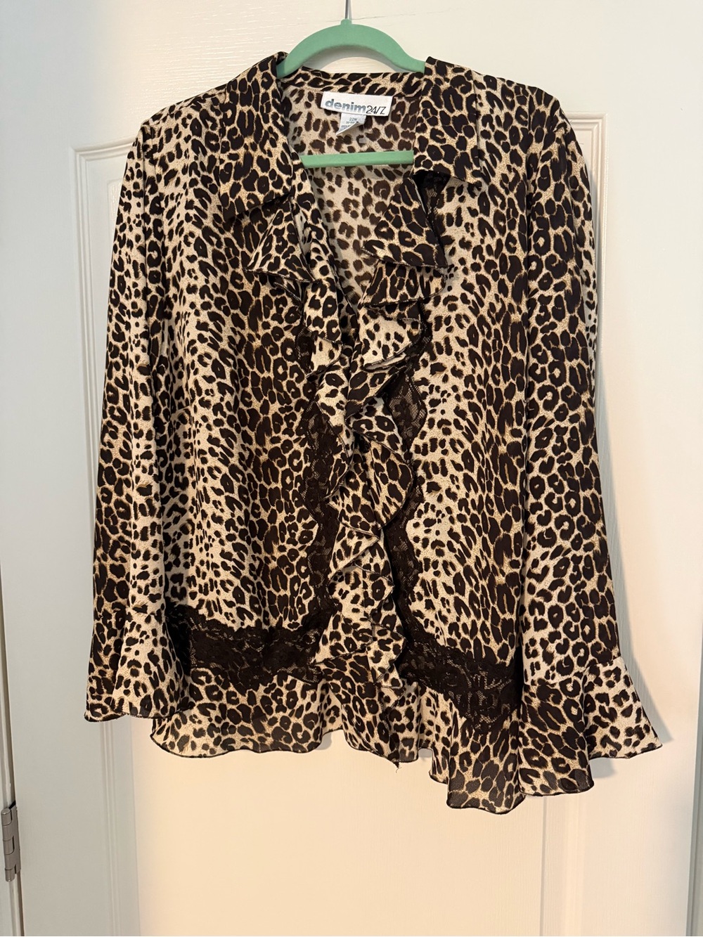Denim 24/7 Leopard Ruffle Blouse in Brown and Cream